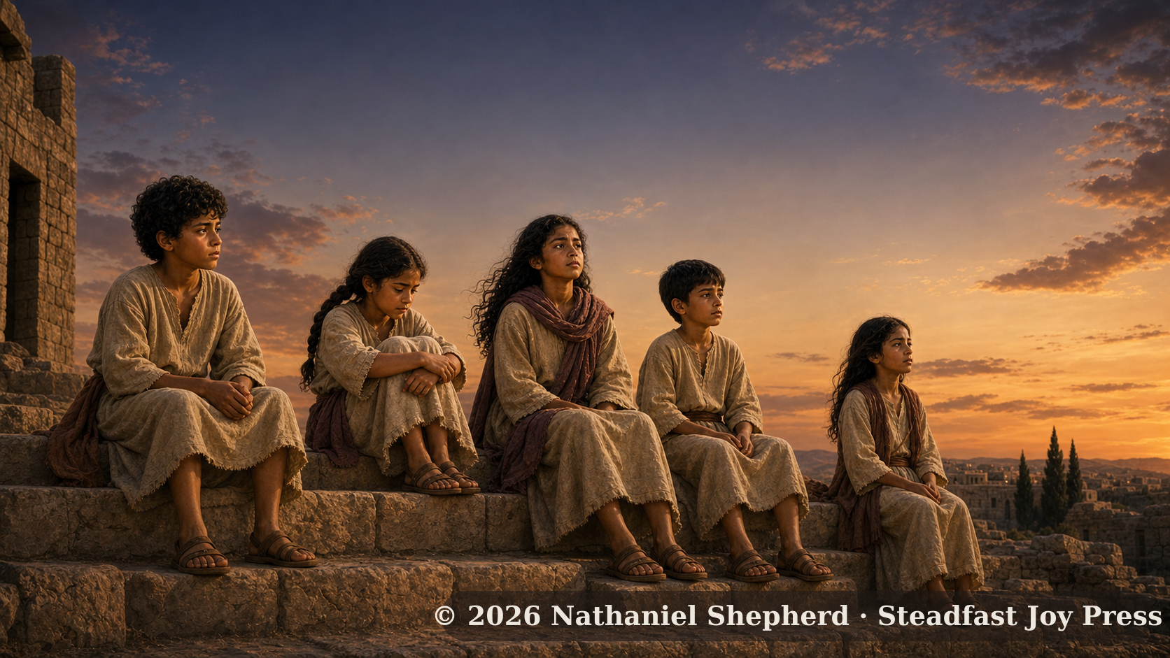 The five children of The Last Week sit together on worn stone steps in Jerusalem at dusk, each caught in a private moment before Holy Week