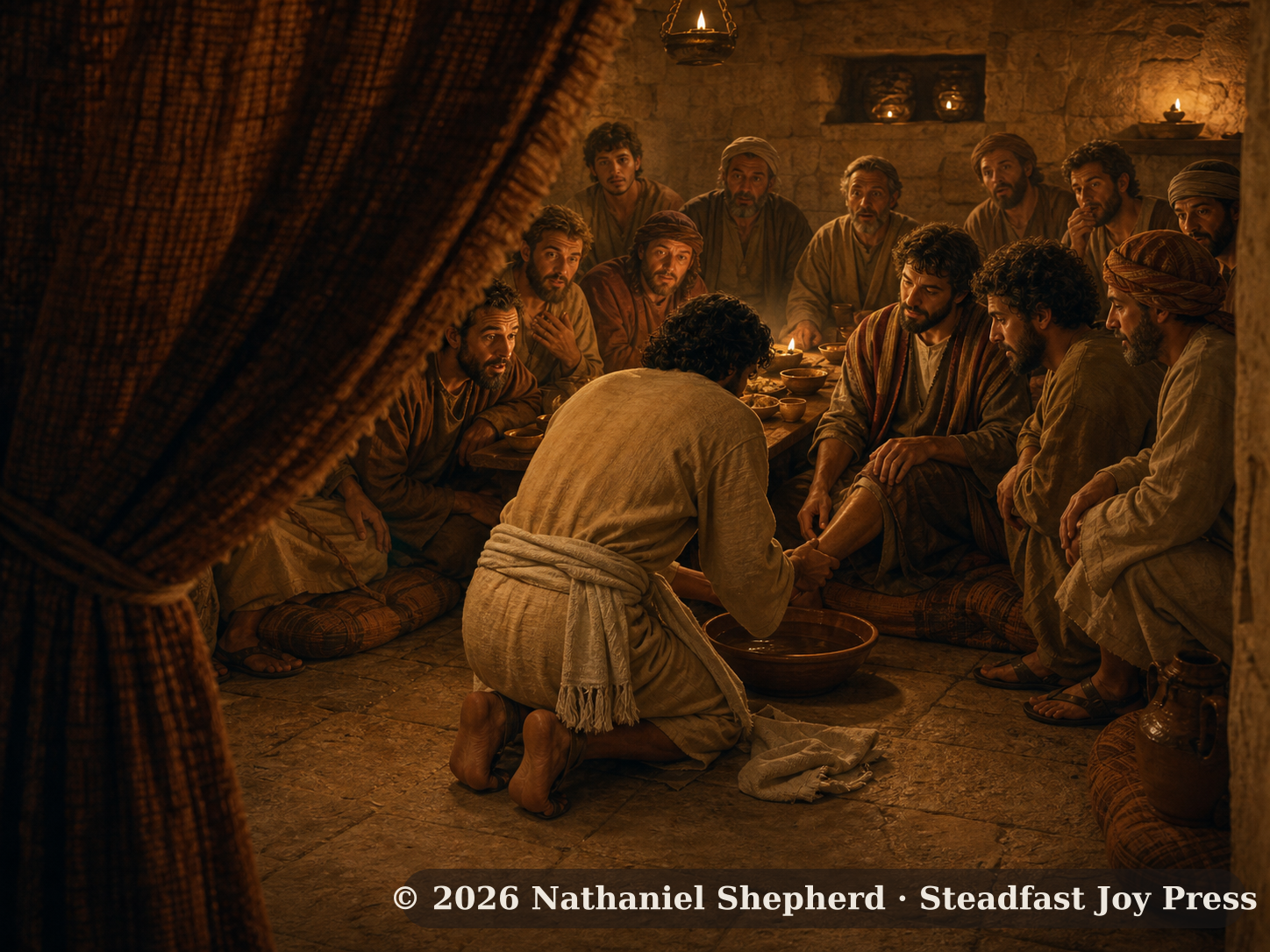 Benjamin peers through a curtain as Jesus kneels to wash a disciple's feet by lamplight in the upper room
