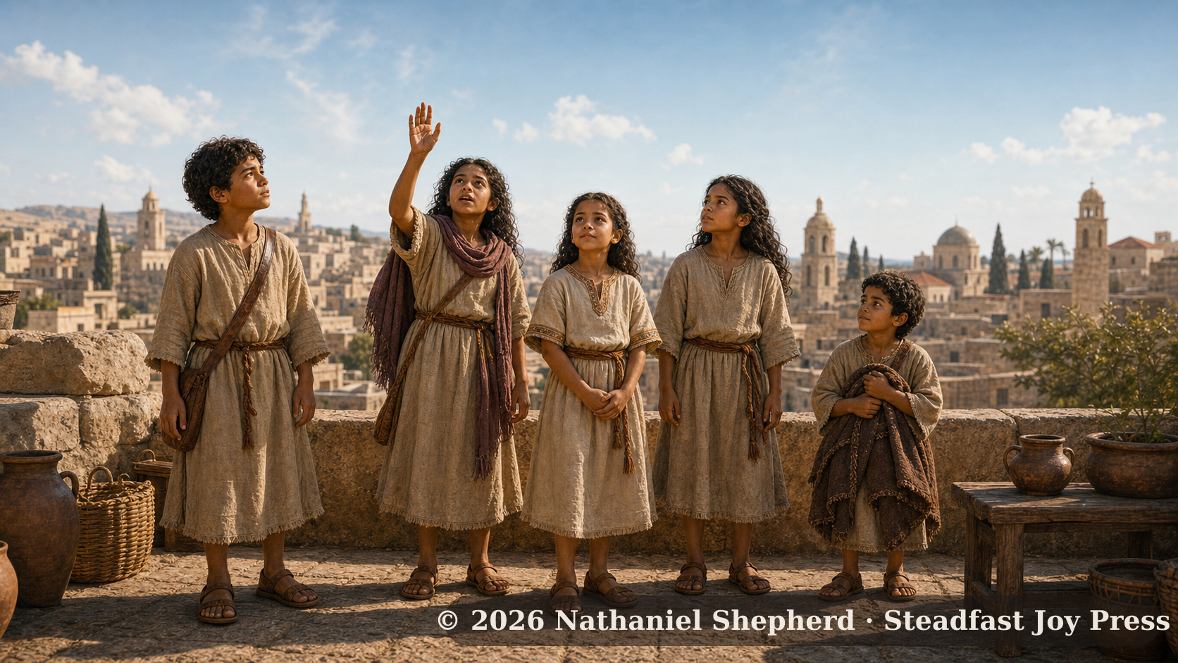 The five children of The Early Church stand together outdoors as the sky opens on Pentecost morning