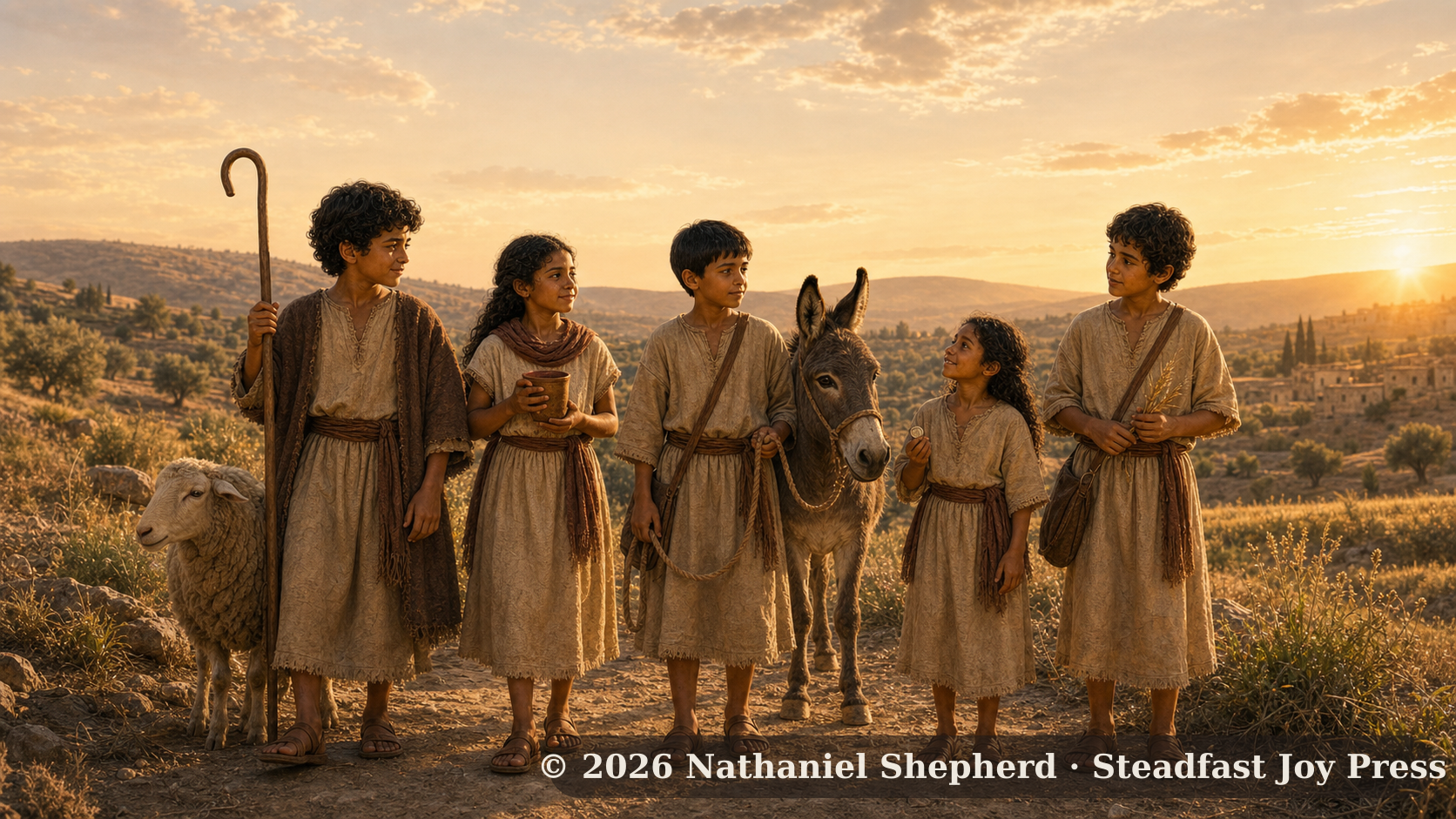 The five children of The Parables stand on a Galilean hillside at golden hour, each holding an object from their story