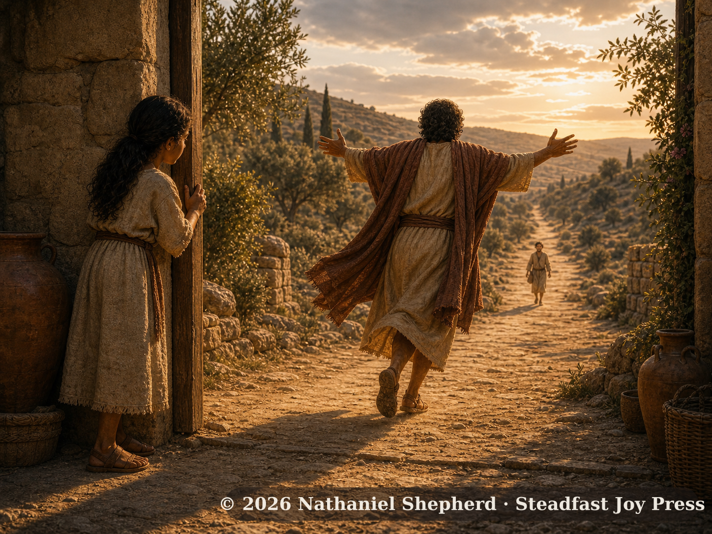 A father runs down a Galilean road, robes flying, toward the son who is coming home