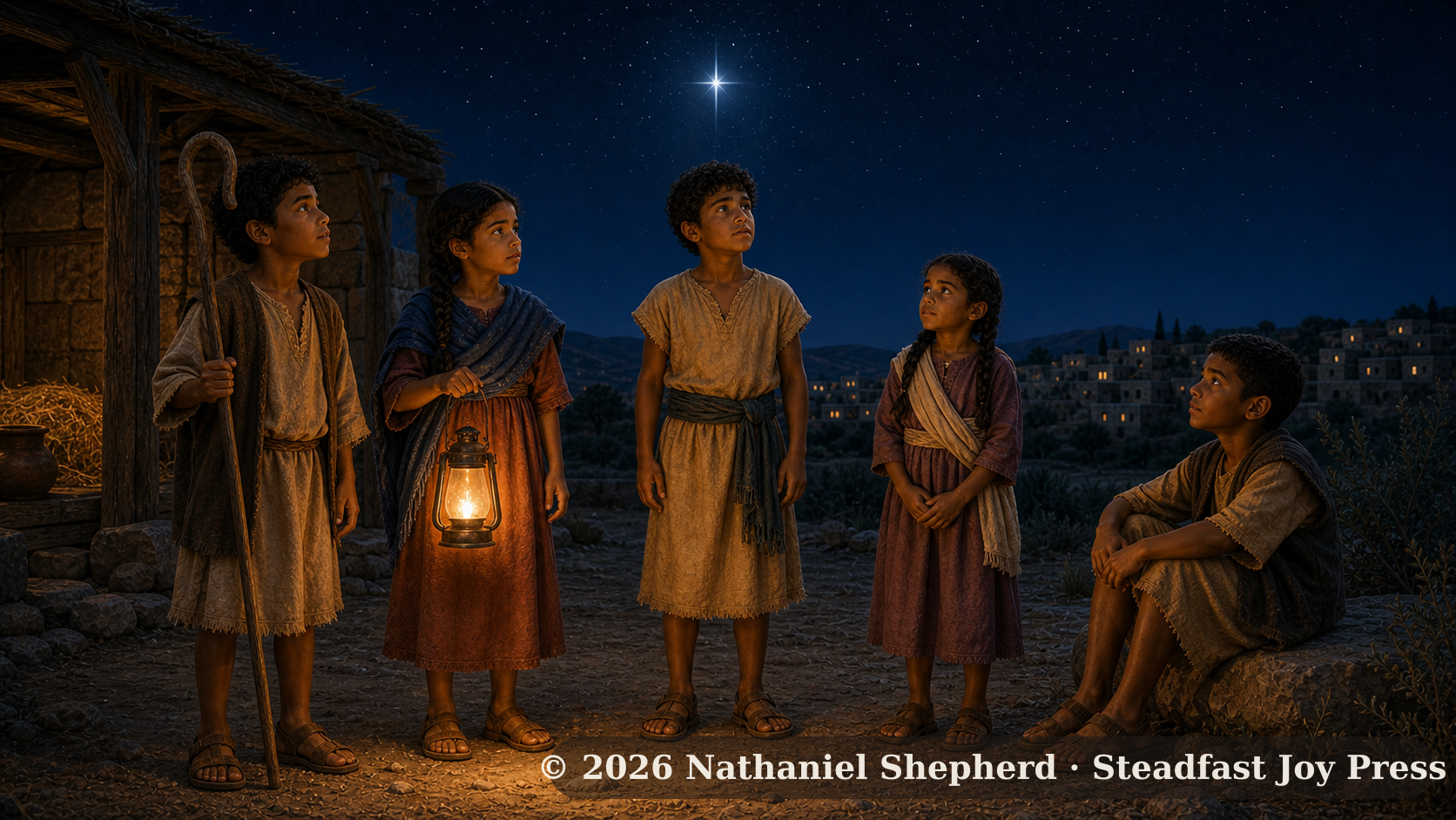 The five children of The Birth gather near a stable at night beneath one bright star over Bethlehem