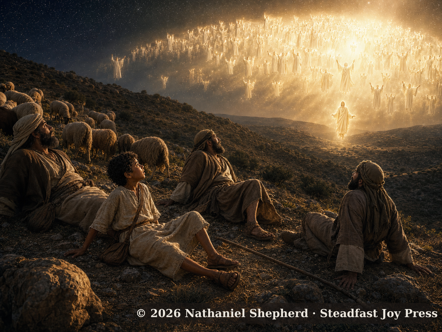 Levi and the shepherds drop flat to the ground as the night sky fills with singing angels