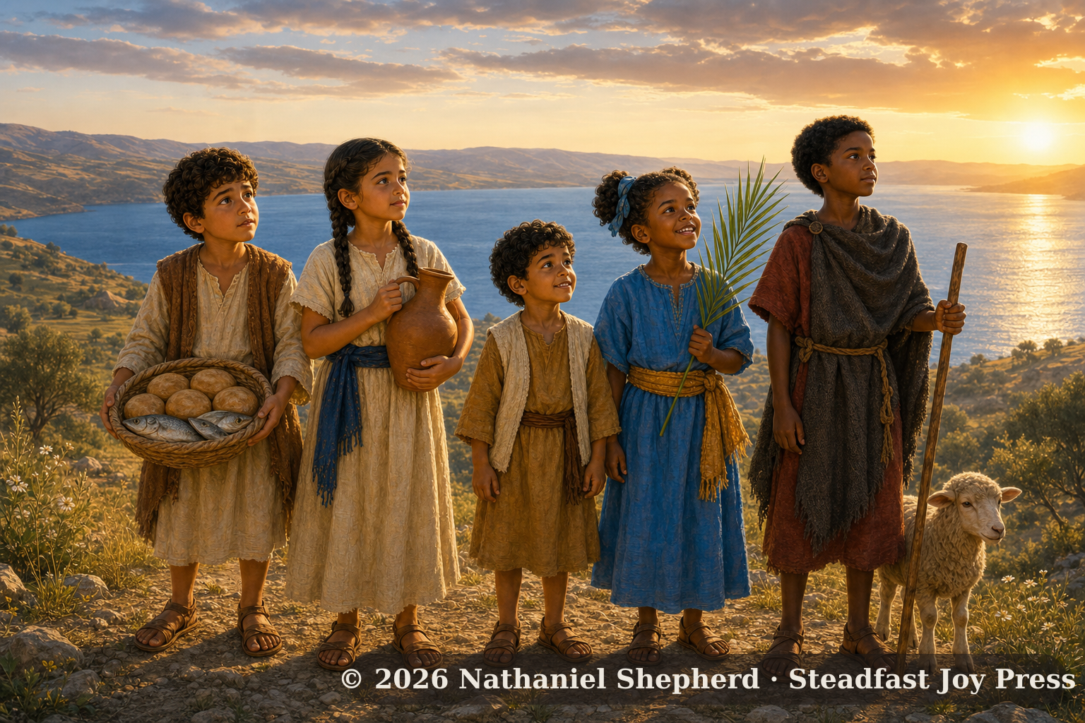Eli, Miriam, Thomas, Joanna, and Samuel stand together on a Galilean hillside with objects from their Gospel stories